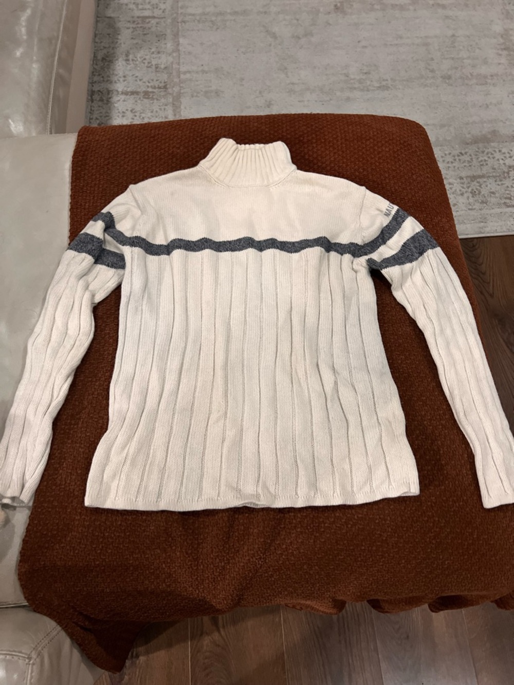 Nautica Cream Cable-Knit Turtleneck with Gray Stripe